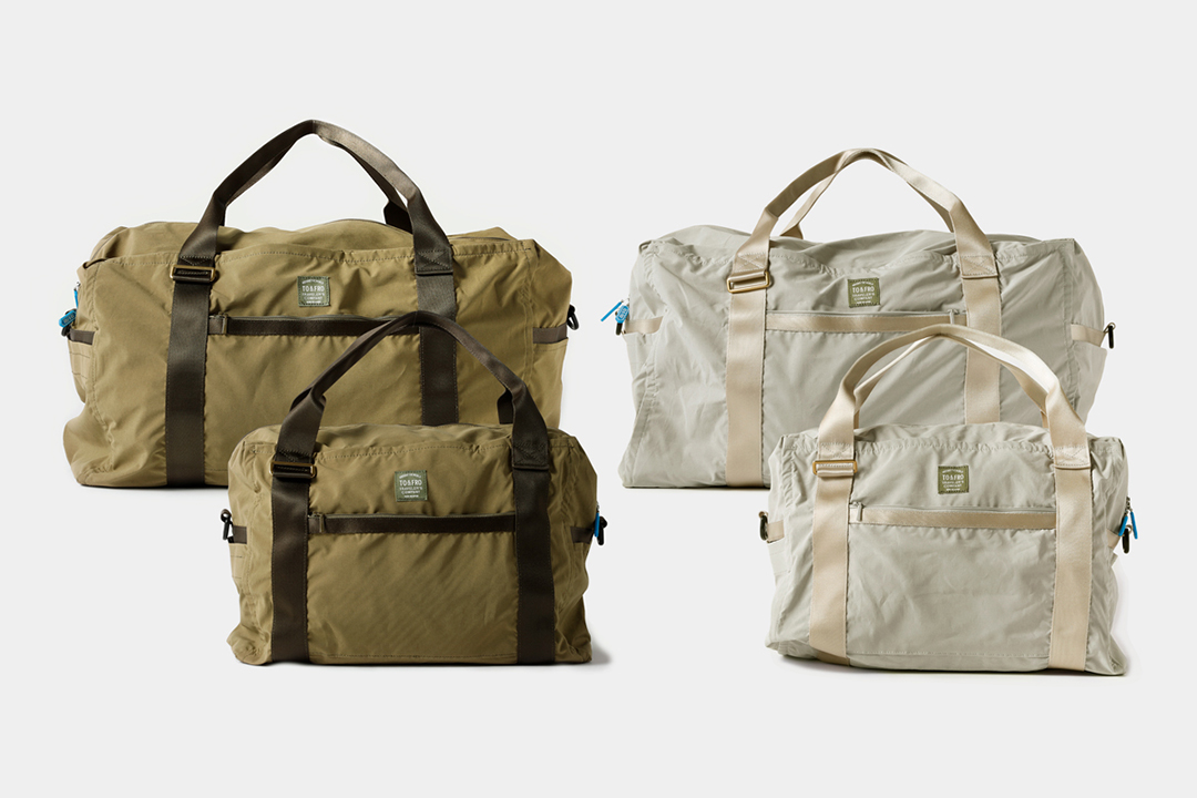 TF TO&FRO Boston Bags in regular and mini size in Olive and Greige colorways.