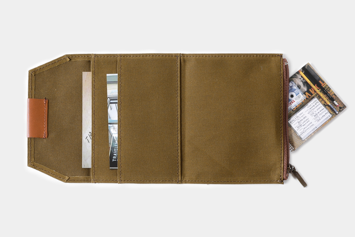 TF Cotton Zipper Case in Passport Size in Olive, filled with items.