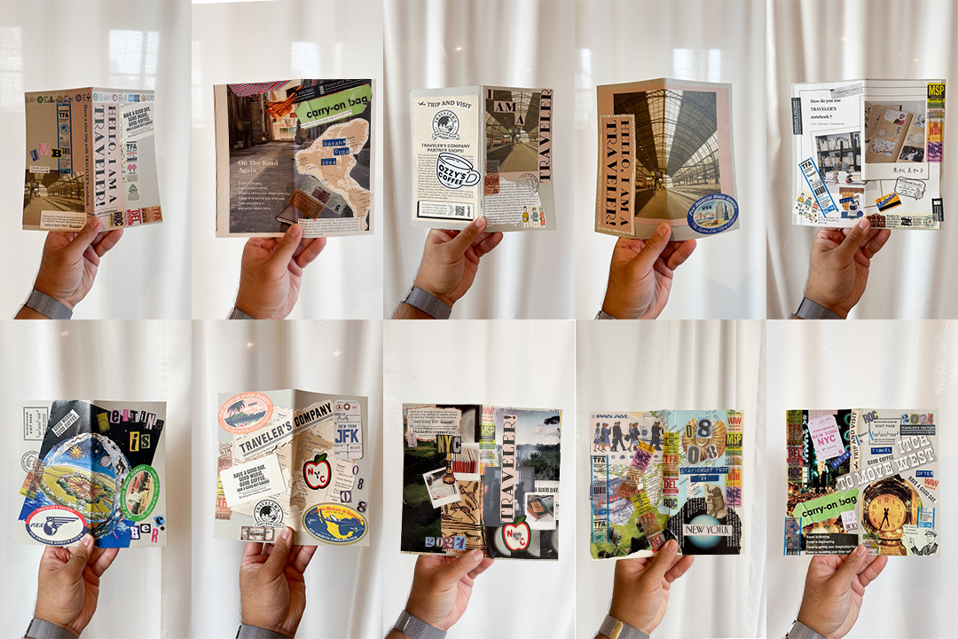 Ten different TRAVELER'S notebook refills decorated in a collage style.