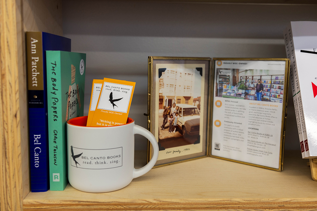 Bookshelf displays at Bel Canto Books.