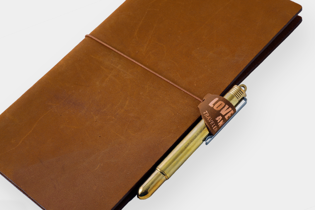 TRAVELER'S notebook with a leather tag as a pen loop.