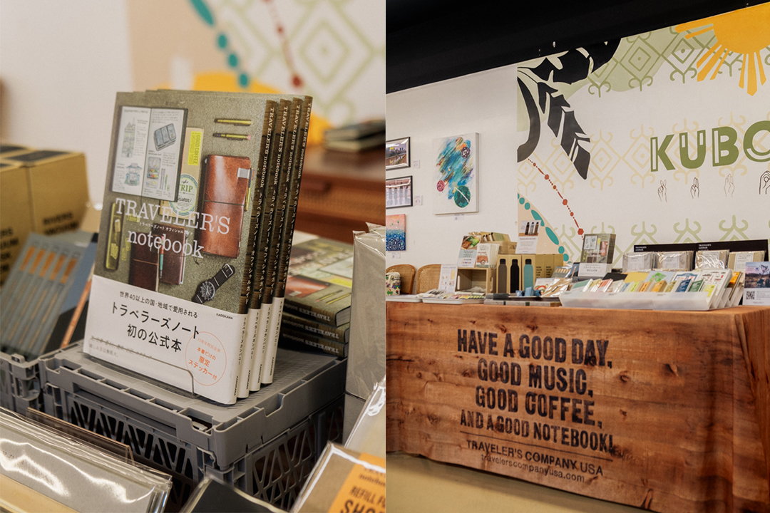 TRAVELER'S notebook Guide Book beside a photo of the TRC USA Pop-Up display at the KUBO LB store.