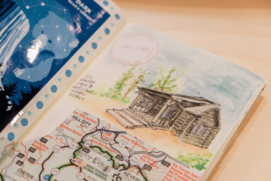 Regular Size TRAVELER'S notebook insert with journaling, watercolor illustrations, and collages about past road trips created by Jackie Benefield. 