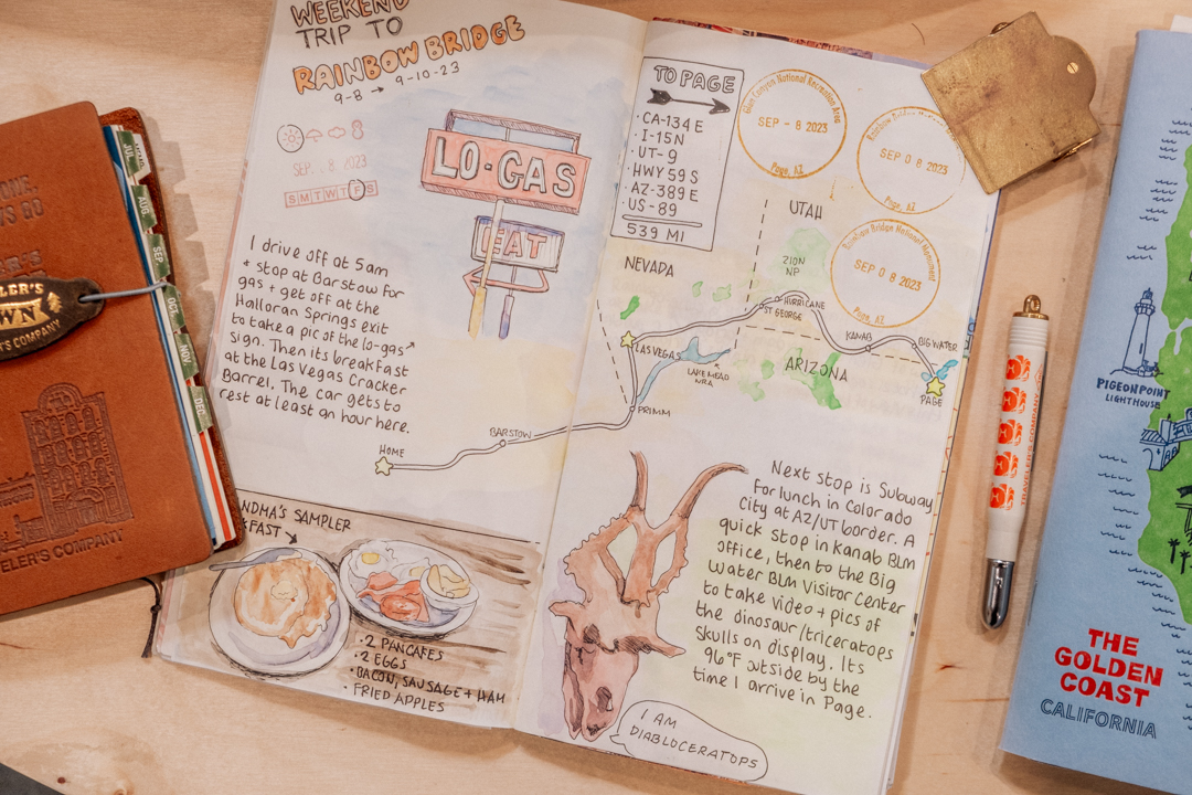 Regular Size TRAVELER'S notebook insert with journaling, watercolor illustrations, and collages about past road trips created by Jackie Benefield. 