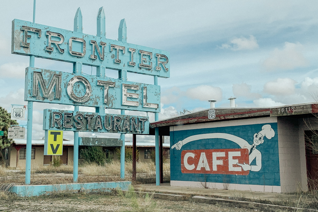 Deserted motel with retro signs for the motel.