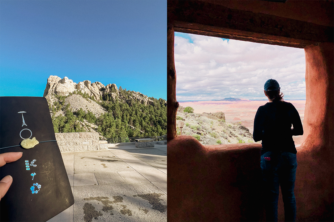 A TRAVELER'S notebook in front of Mount Rushmore beside a photo of a person standing in front of a desert landscape. 