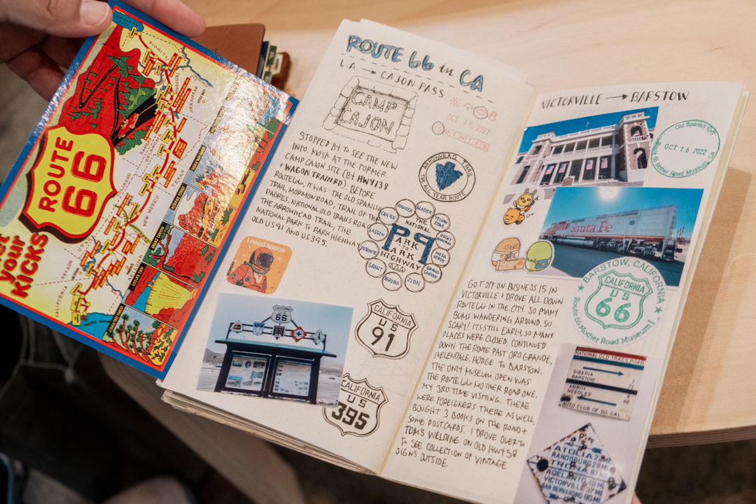 Regular Size TRAVELER'S notebook insert with journaling, watercolor illustrations, and collages about past road trips created by Jackie Benefield. 