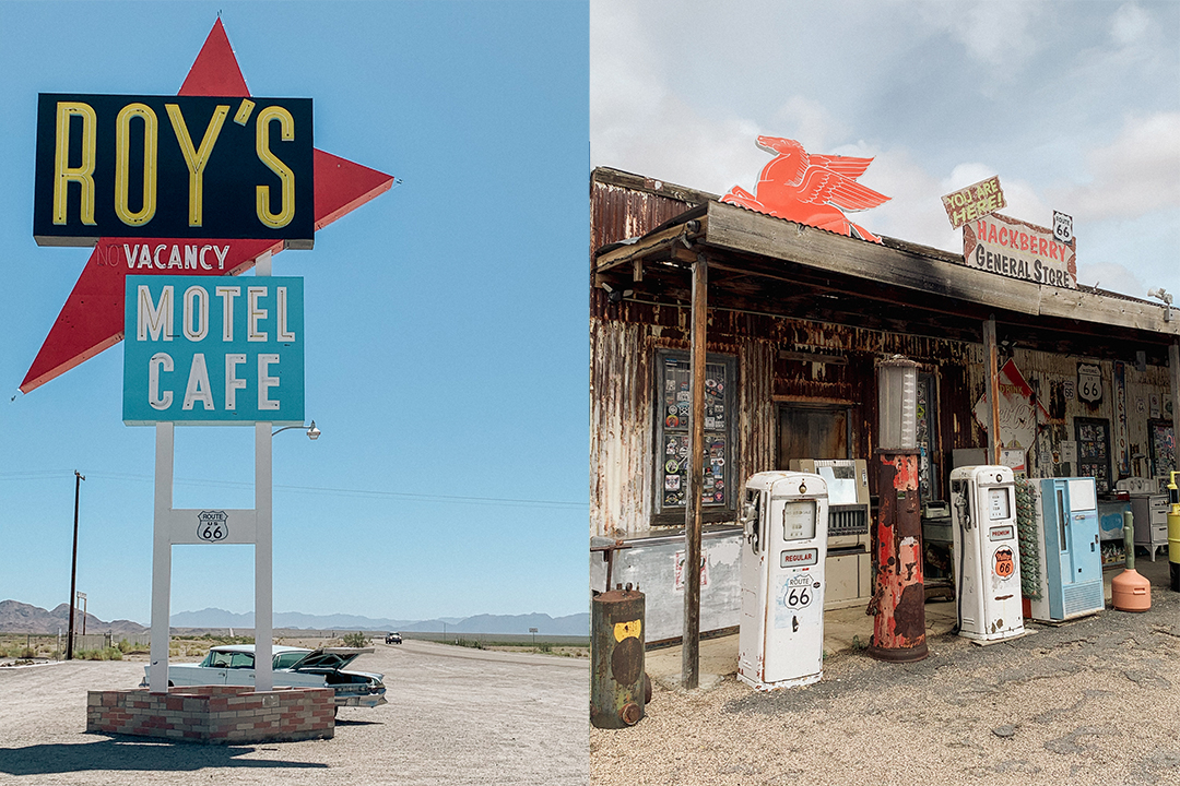 Retro motel sign beside a photo of a deserted vintage gasoline station. 