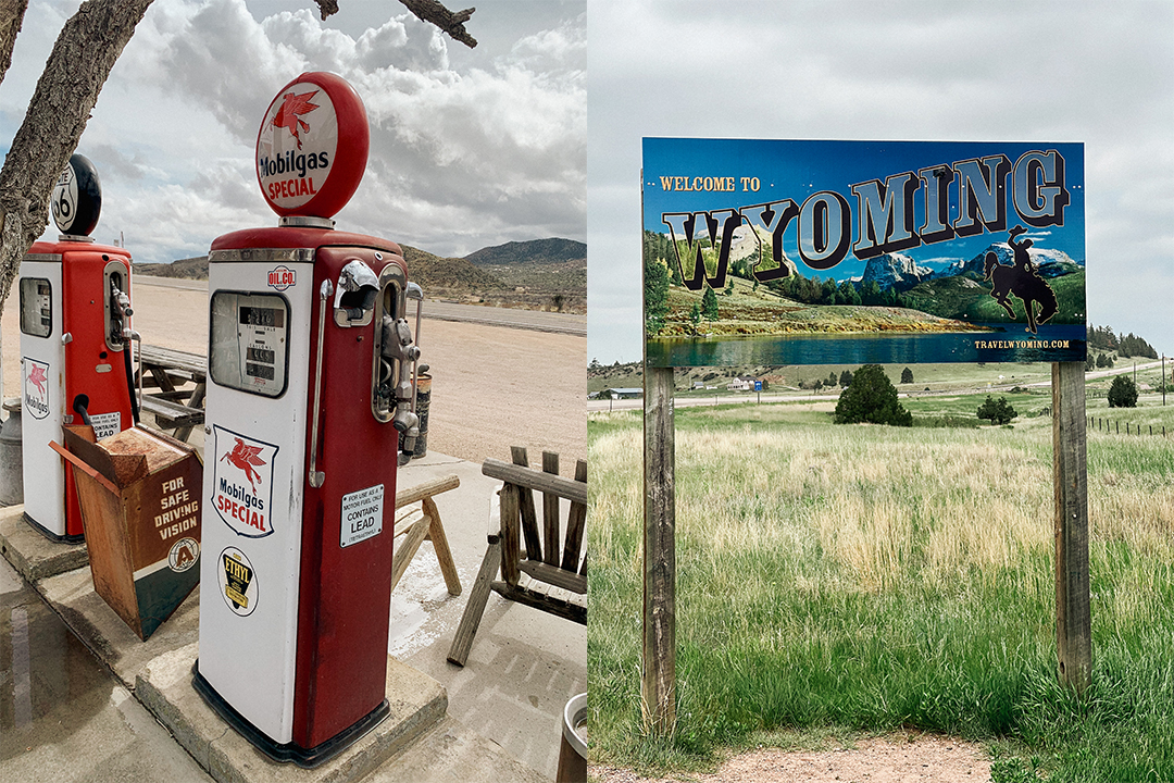 Vintage gasoline station beside a photo of a "Welcome to Wyoming" sign.