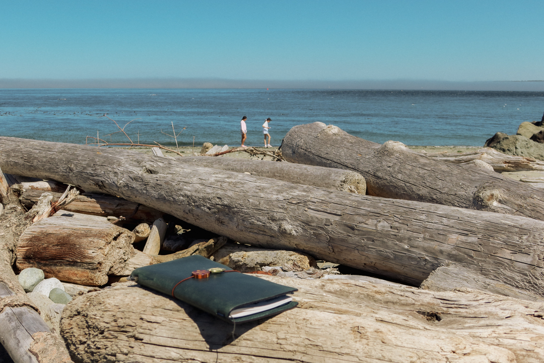 TRAVELER'S notebook on driftwood with two people in the background against the ocean.