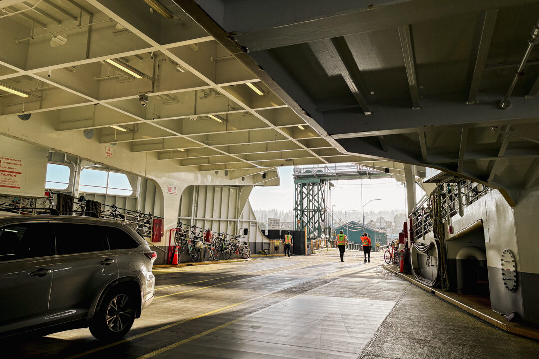 The automobile parking compartment of Washington State Ferry. 