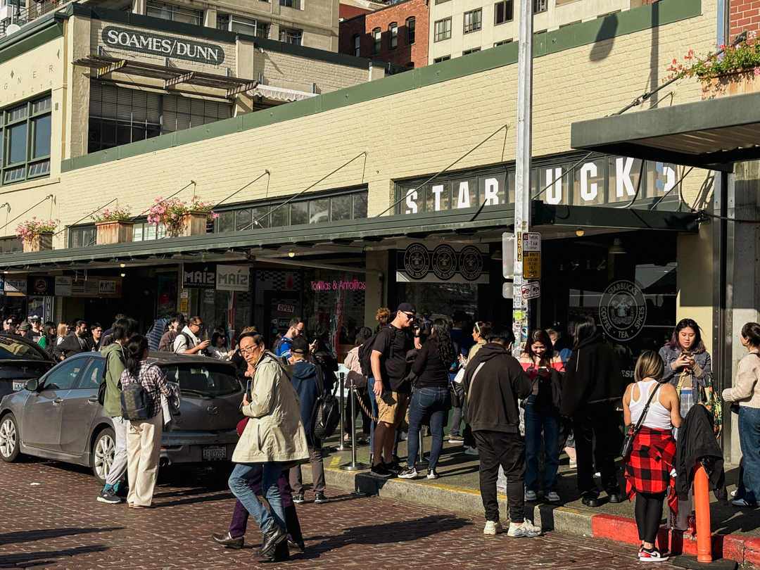 View of the first Starbucks store at Pike Place Market.