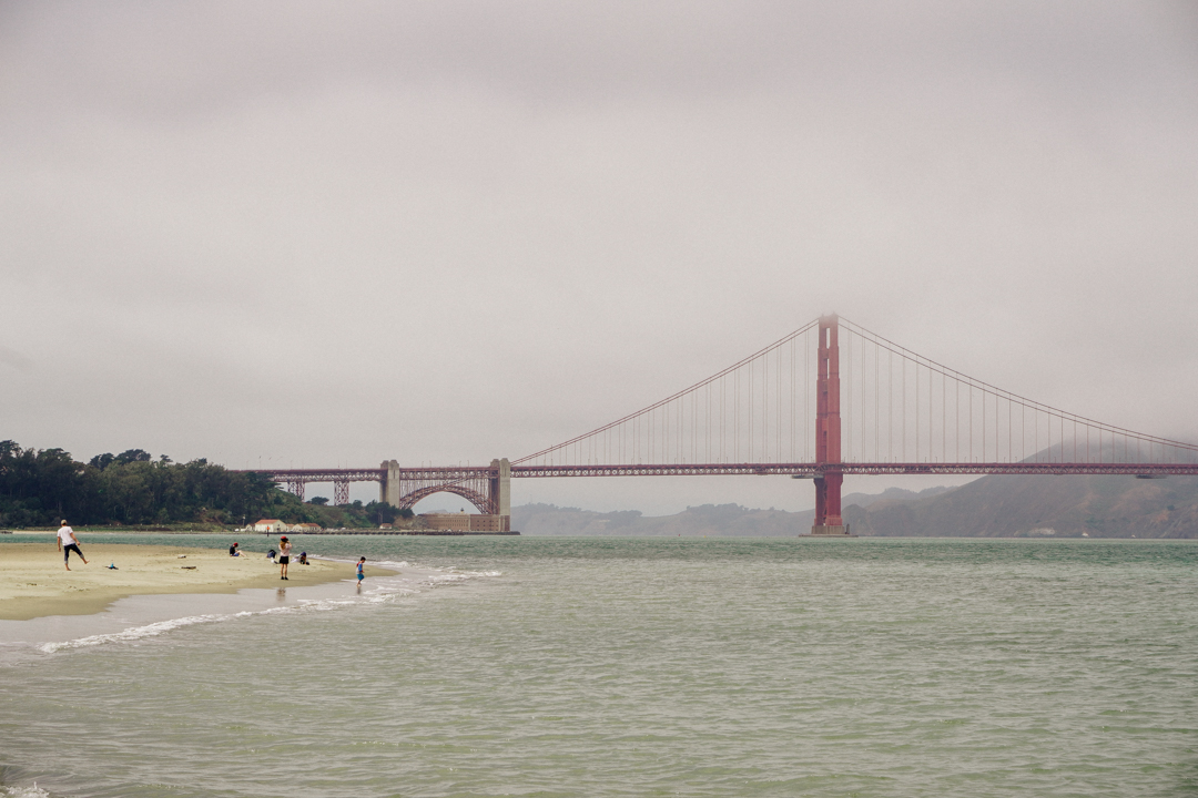 The view of Golden Gate Bridge from Crissy Fields Beach.