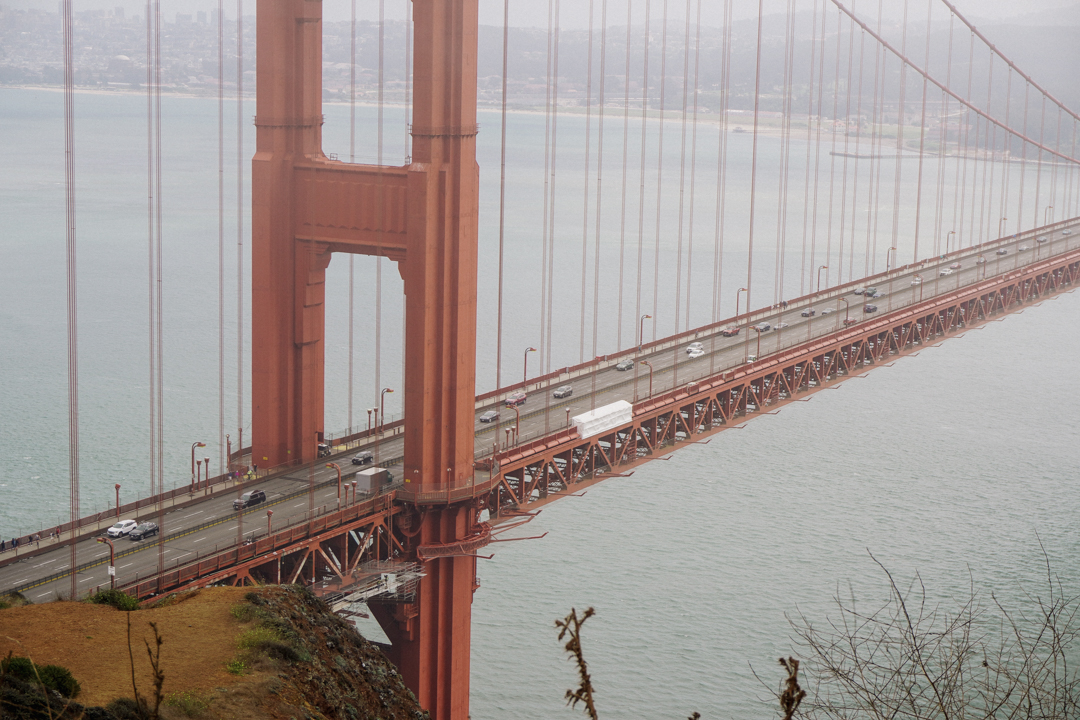 A foggy view of the Golden Gate Bridge from Battery Spencer viewpoint.