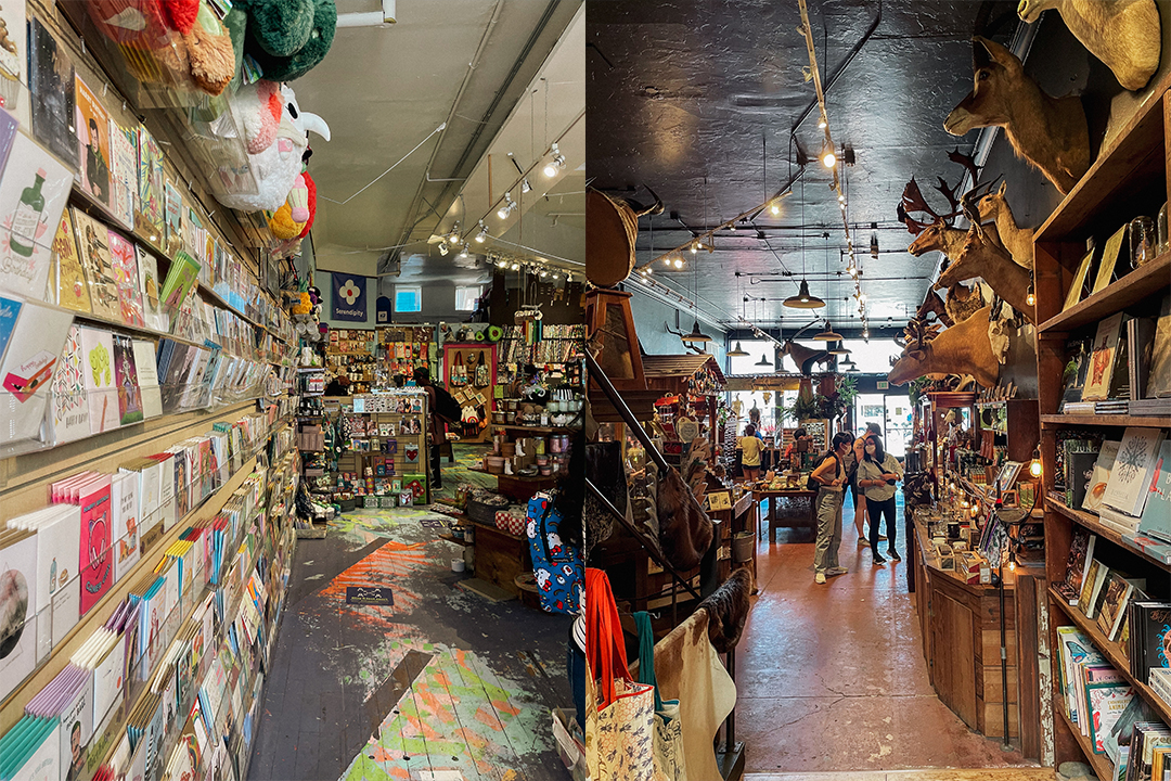 A collage of different stores on Valencia Street with gifts and unique goods. 