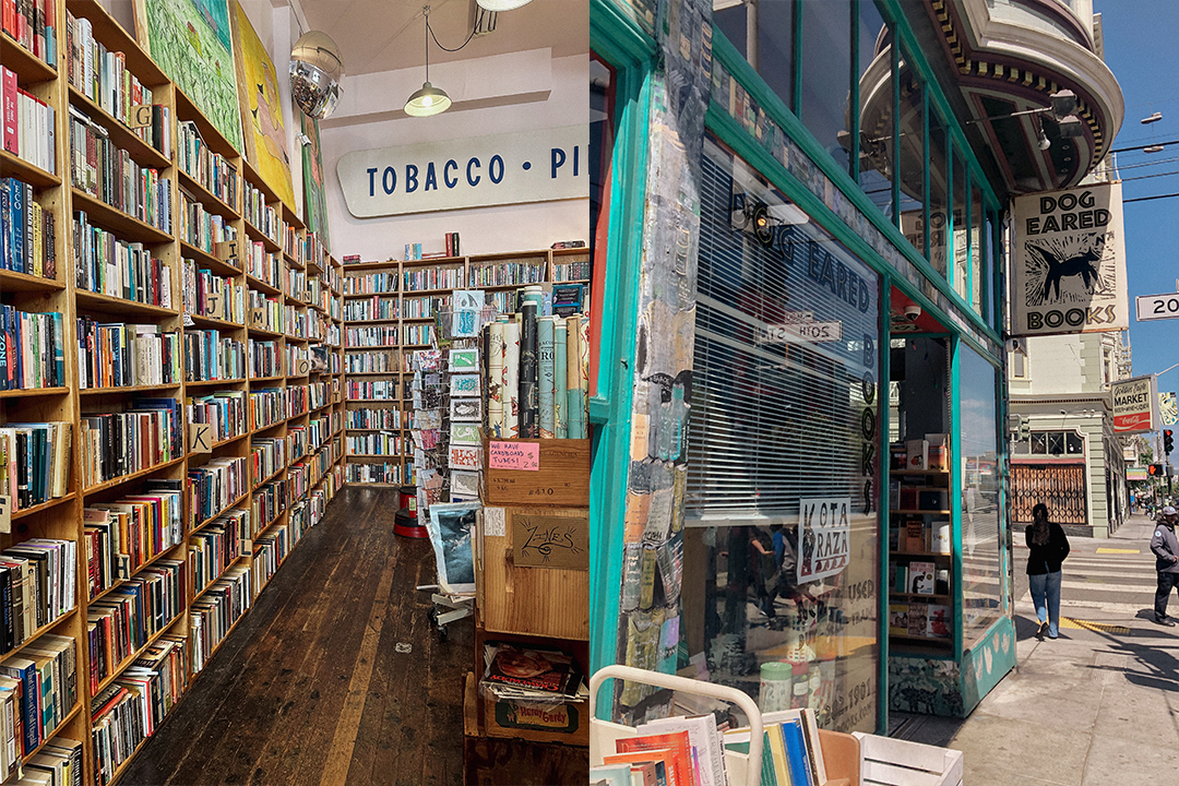 A snapshot of Dog Eared Books with shelves filled with books.