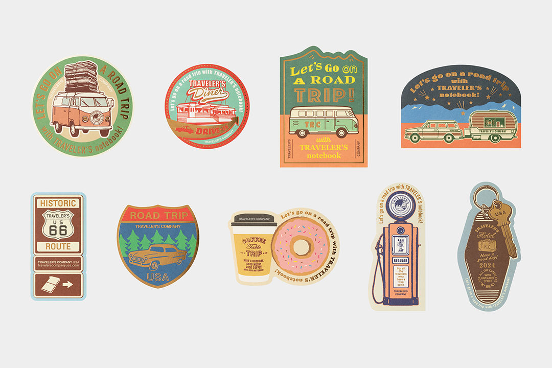 Nine designs included in the TRAVELER'S notebook USA Road Trip sticker set with Road Trip themes.