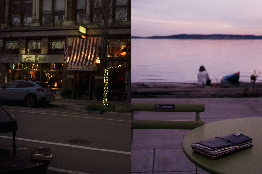 Night views of Port Townsend, including the water and vintage-style store fronts.