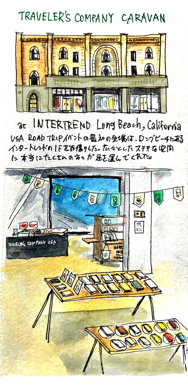 Watercolor illustrations of Intertrend building and the Spiral Ring Notebook paper event. 