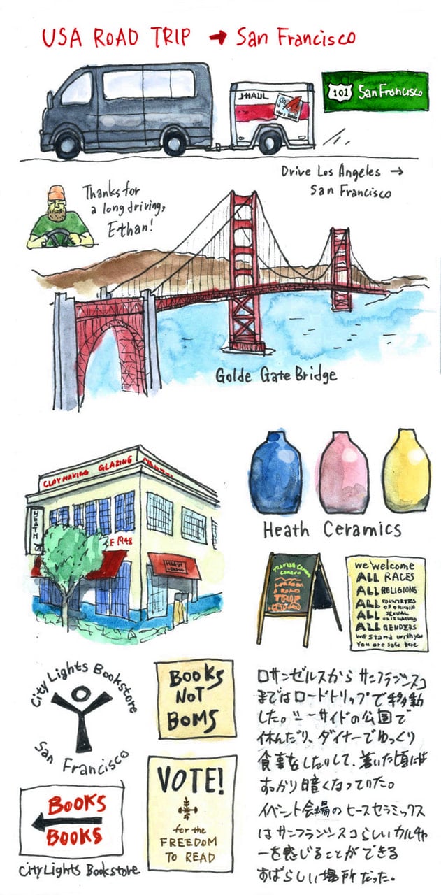 Watercolor illustrations of San Francisco sights like the Golden Gate Bridge, City Lights Bookstore and the Golden Gate Bridge. 