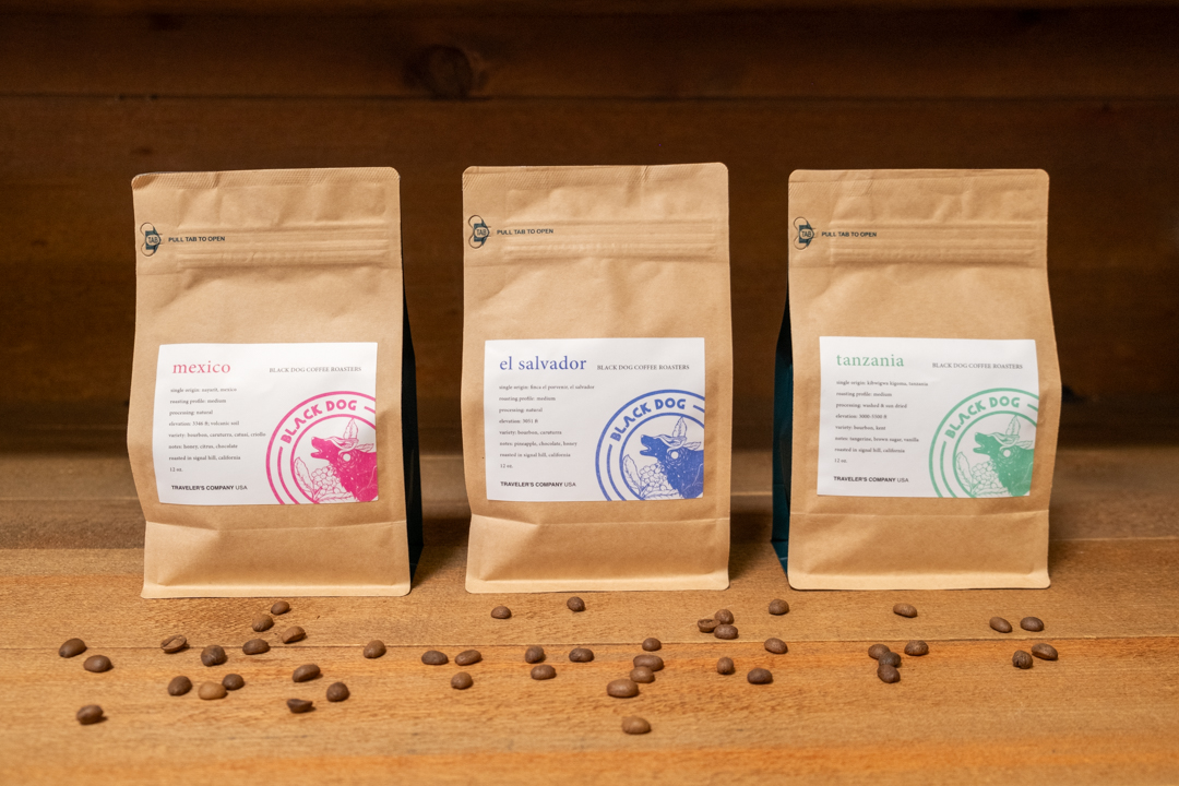 TRC USA x Black Dog Coffee Roasters coffee beans in three single-origin flavor profiles.