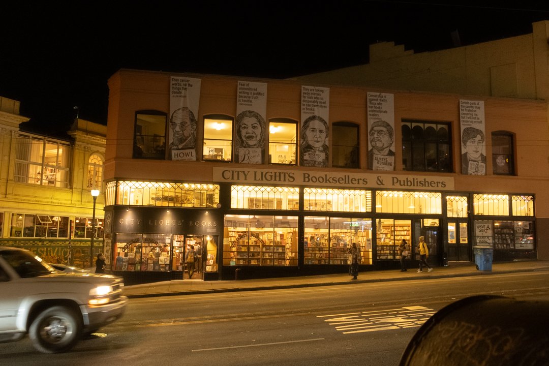 City Lights Bookstore at night.