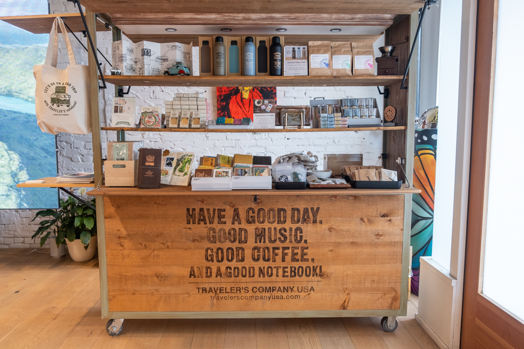 Wooden kiosk filled with stationery.