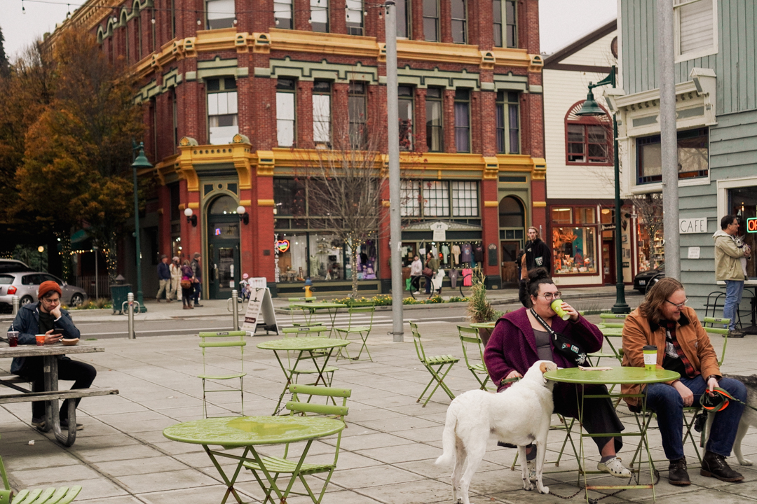 Communal eating space in Port Townsend, situated in a town square.