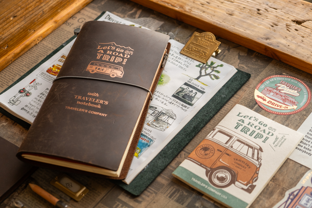 TRAVELER'S notebook Road Trip Brown with Brass Clip and Passport Size Refill.