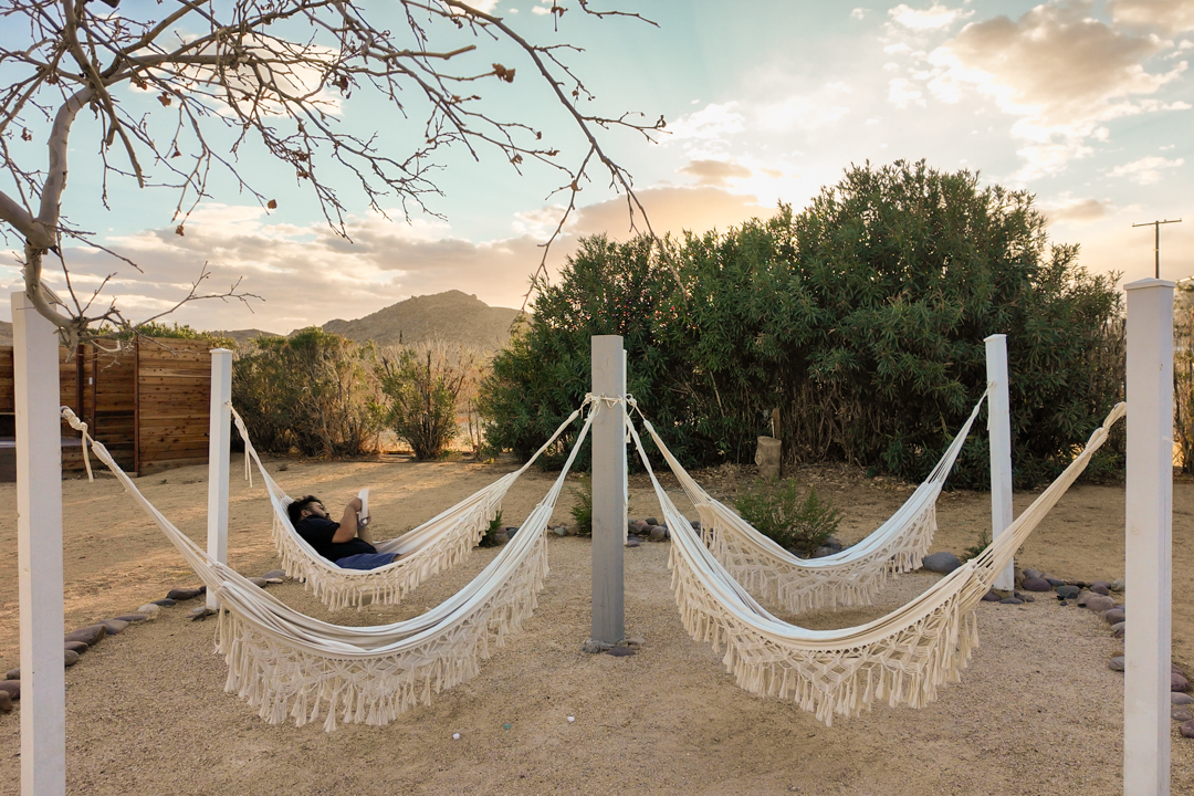 A man sitting in a hammock in the later afternoon outside.