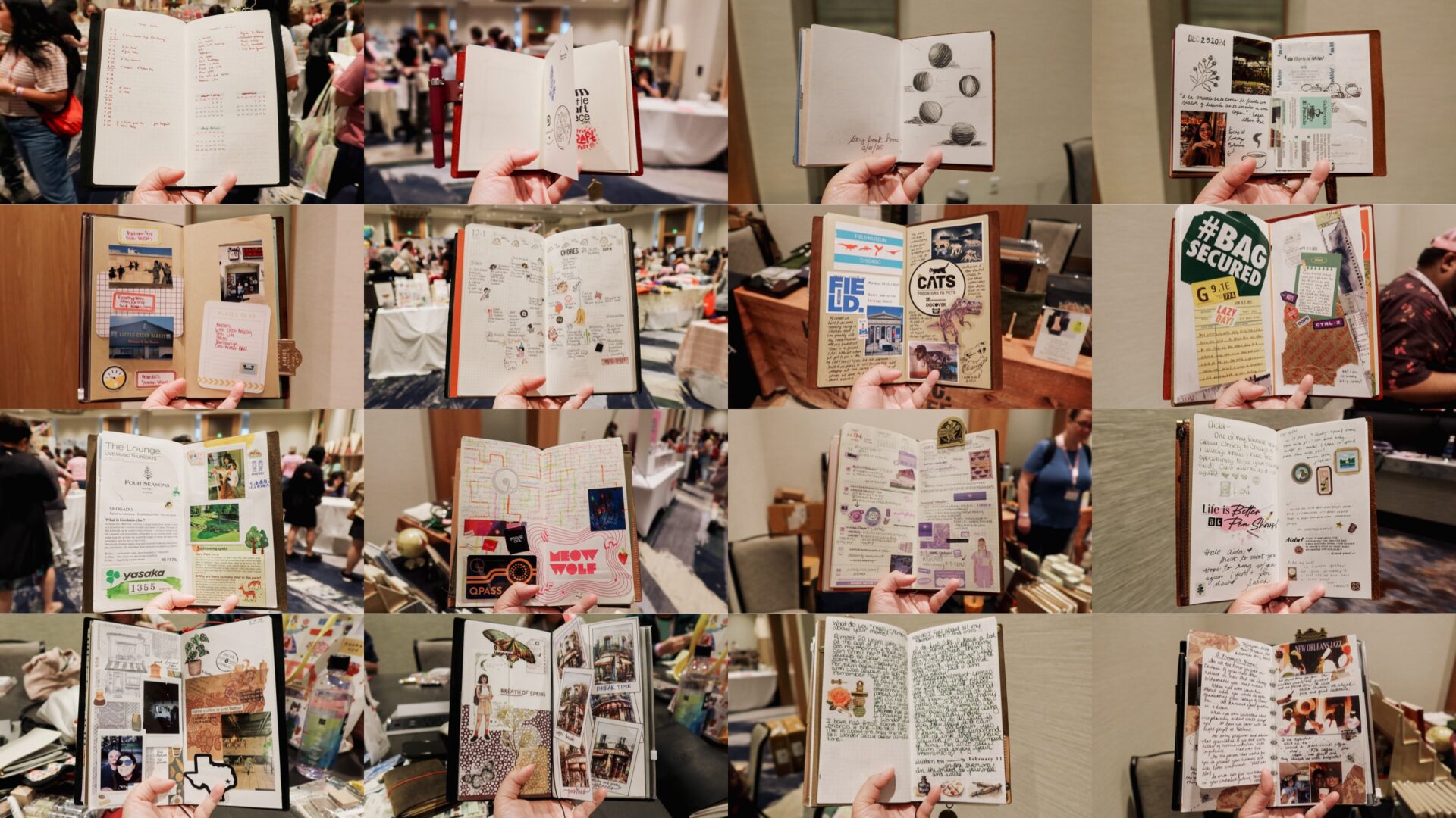 A collage of different TRAVELER'S notebooks journal pages from attendees of Little Craft Fest.