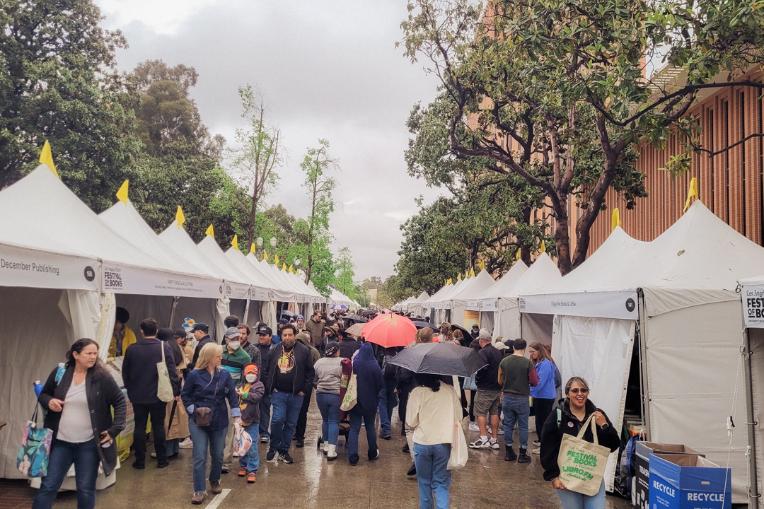 People walking around the LA Times Festival of Books venue at the University of Southern California.