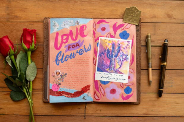 LOVE AND TRIP spread in a TRAVELER'S FACTORY pink kraft paper refill.