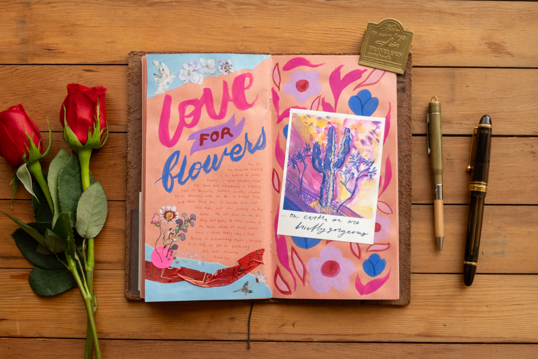 LOVE AND TRIP spread in a TRAVELER'S FACTORY pink kraft paper refill.