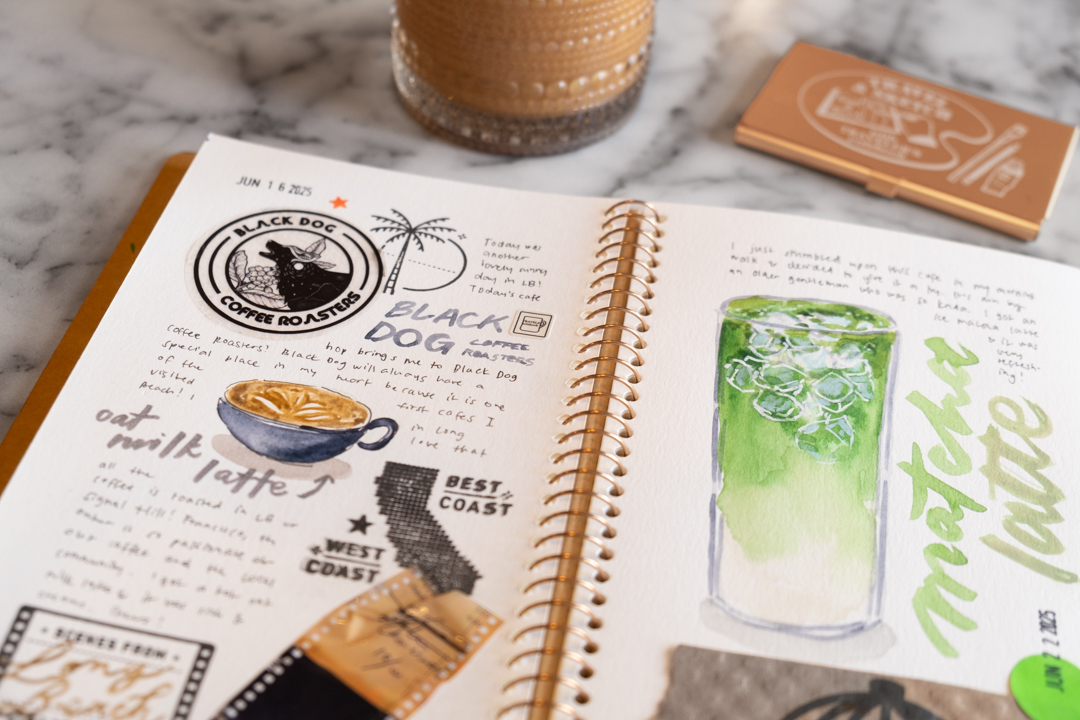 An open spread inside the TRAVEL & SKETCH SPIRAL RING NOTEBOOK documenting coffee journeys at Black Dog Coffee Roasters.