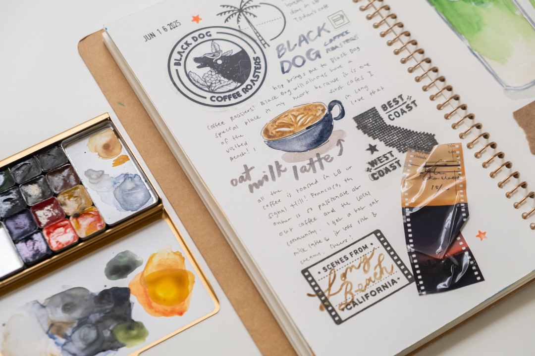 A page inside the TRAVEL & SKETCH SPIRAL RING NOTEBOOK featuring Black Dog Coffee Roasters, including a short journal entry as well as stamps and scrapbook-like collages. 