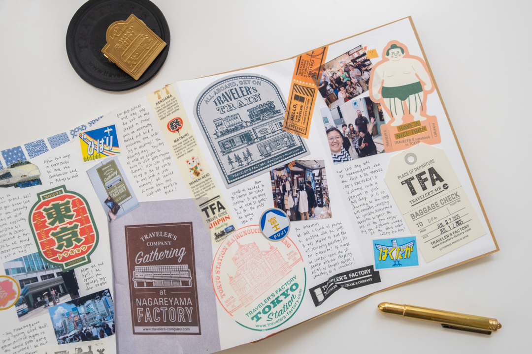 The TRC USA Limited Accordion Fold Paper TRAVEL & SKETCH is filled with stamps, masking tape, and stickers alongside writing. 