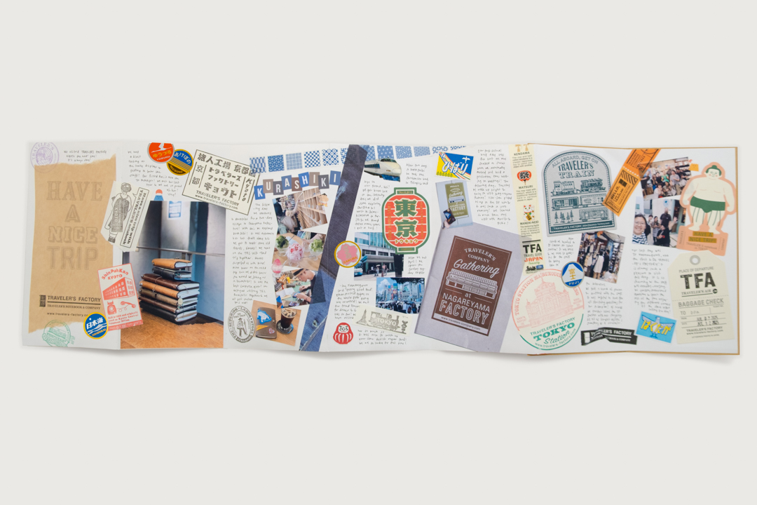 A TRC USA Limited Accordion Fold Paper TRAVEL & SKETCH refill filled with junk journaling of adventures in Japan.