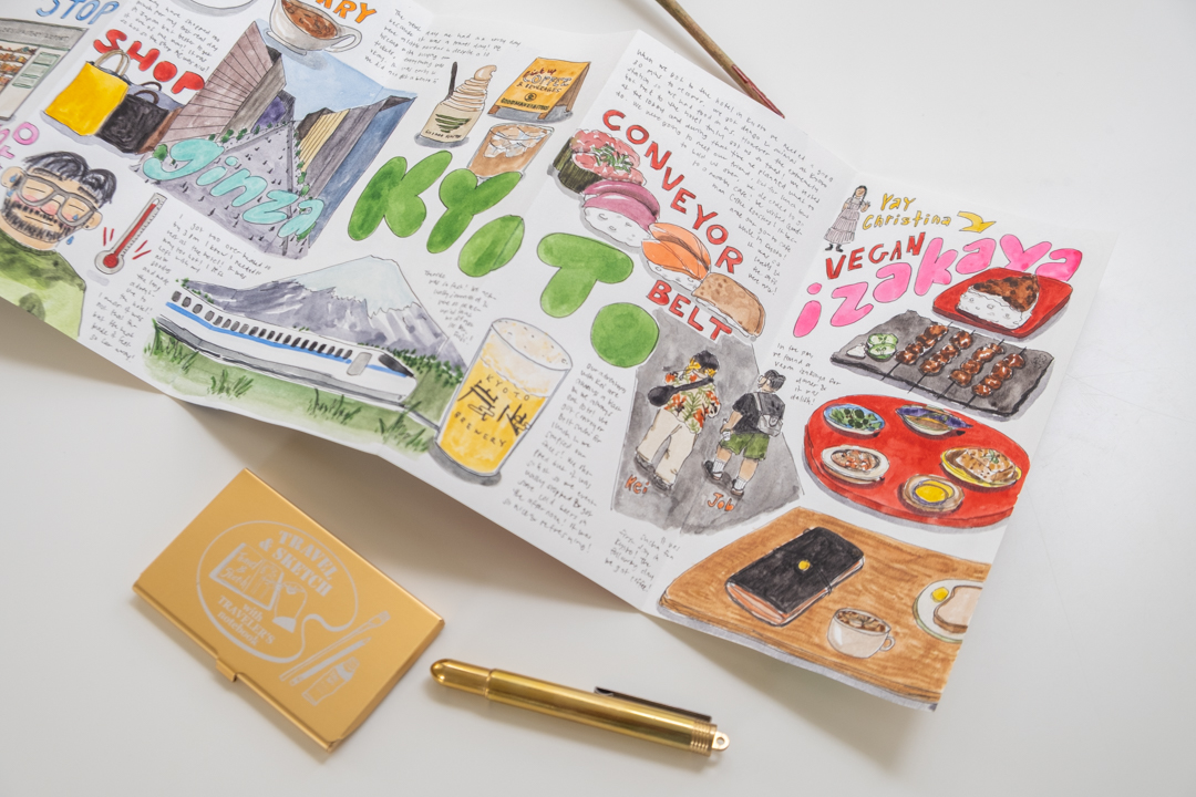Watercolor illustrations of Kyoto, shinkansen, sushi, and izakaya food on the Accordion Fold Paper refill.