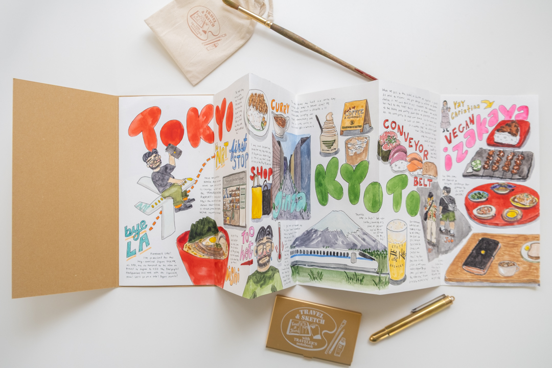 A TRC USA Limited Accordion Fold Paper TRAVEL & SKETCH filled with watercolor.