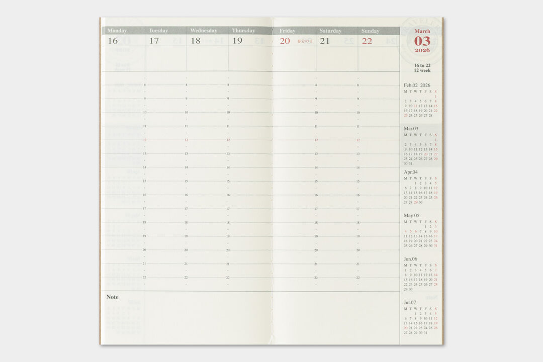 Weekly vertical layout across two pages with 30 minutes increments.