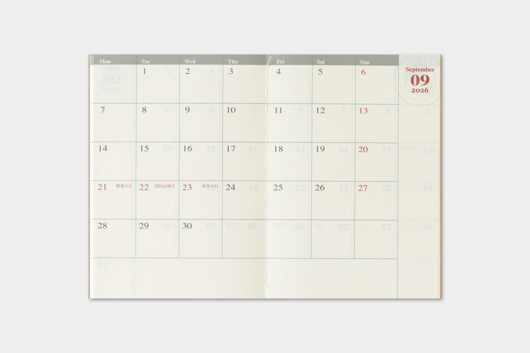 Monthly calendar layout across two pages.