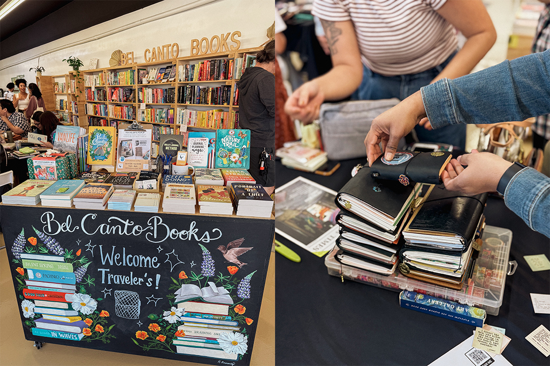 People stacking multiple TRAVELER'S notebooks together, collaged with a photo of the interior of KUBO LB, Long Beach.