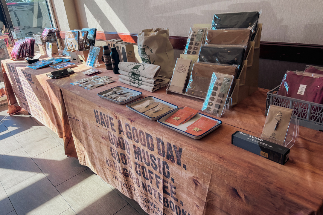 The TRC USA table filled with TRC and TRAVELER'S FACTORY original items at the SF Pen Show.
