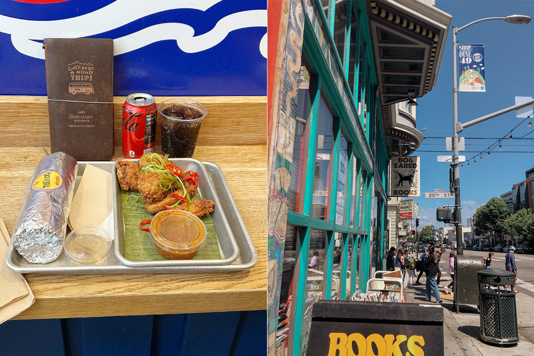 Senor Sisig burrito and Wings beside a photo of Dog Earred Book's exterior in San Francisco.