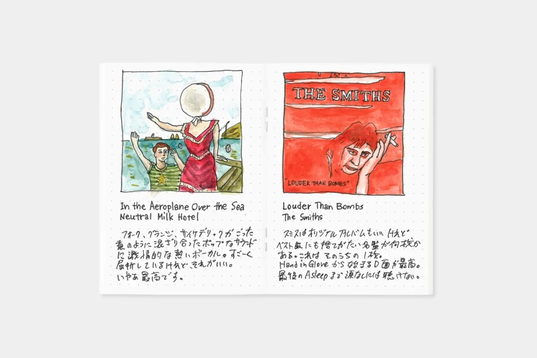 Illustrations of different vinyls and descriptions inside a TRAVELER'S notebook refill (passport size)