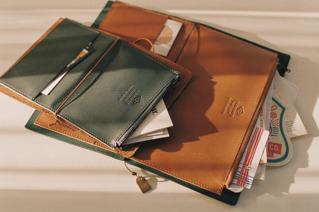 TF Original leather zipper case in brown and navy.