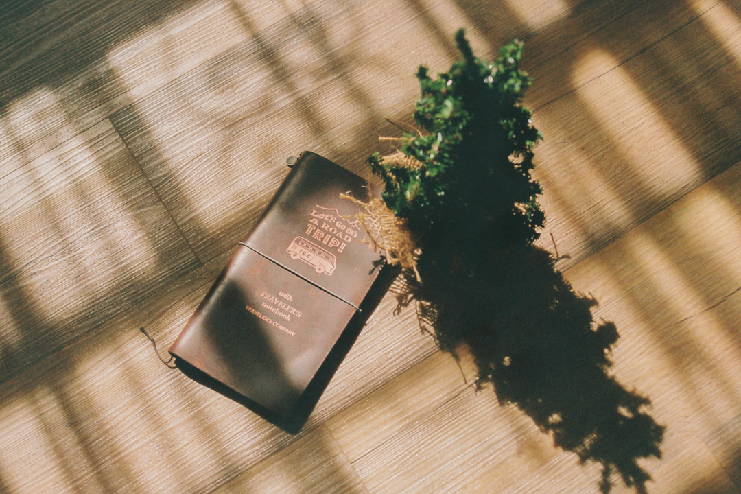 TRAVELER'S notebook ROAD TRIP next to a christmas tree display.