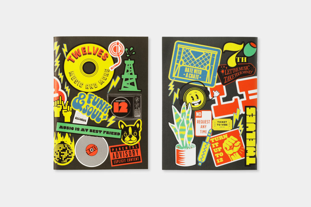 The front and back cover of TRAVELERS’ notebook refill TWELVES RECORD Sticker (Passport Size) .