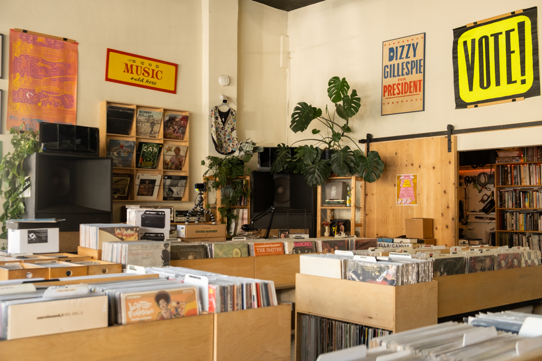 Bins filled with records inside TWELVES RECORD.